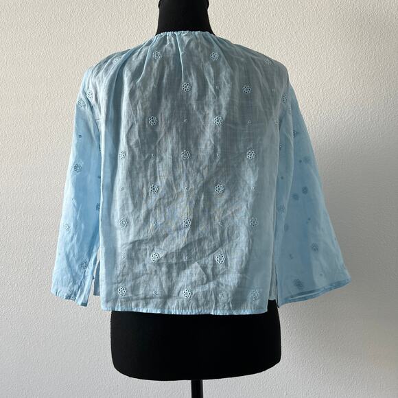 J Crew Tie Front Eyelet Top In Ramie XS Sheer Blue Preppy Flaws - Picture 4 of 15